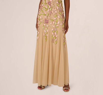 Short Sleeve Vine Beaded Godet Gown In Nude Multi