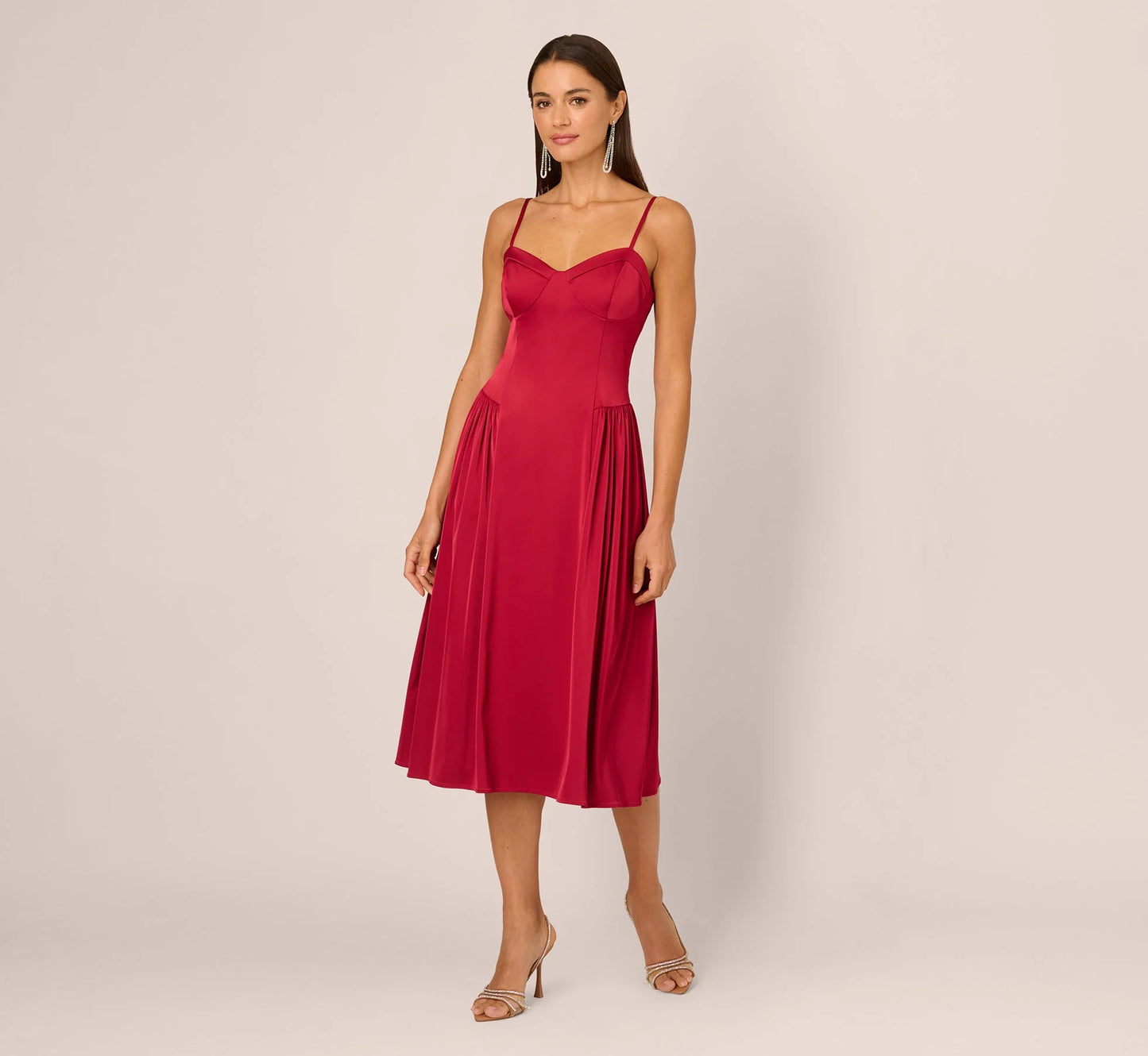 Stretch Satin Corset Back Midi Dress In Matador Red