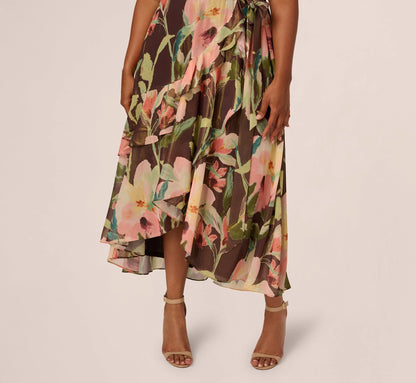 Plus Size Flutter Sleeve High Low Midi Wrap Dress In Brown Multi