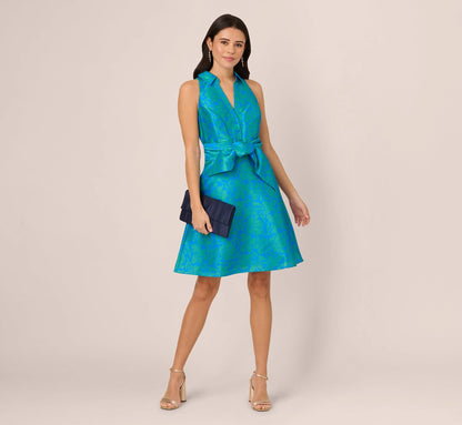 Sleeveless Printed Tie Front Short Dress In Blue Green