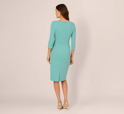 Three Quarter Sleeve Drape Collar Sheath Dress In Smoky Jade