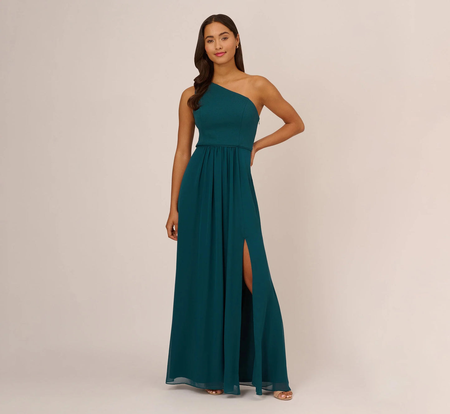 One Shoulder Chiffon Long Gown In Hunter