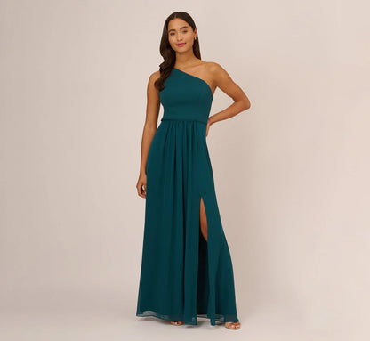 One Shoulder Chiffon Long Gown In Hunter
