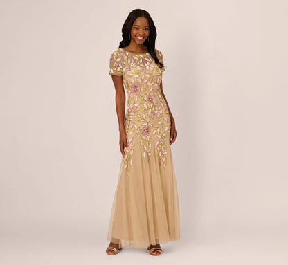Short Sleeve Vine Beaded Godet Gown In Nude Multi