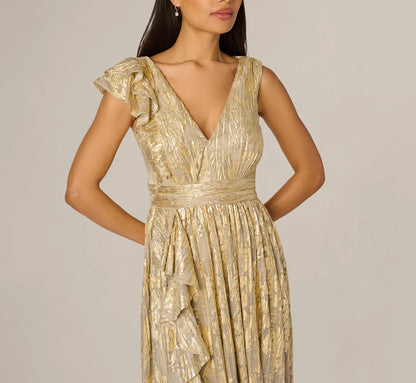 Sleeveless Metallic Crinkle Ruffle Gown In Champagne Gold