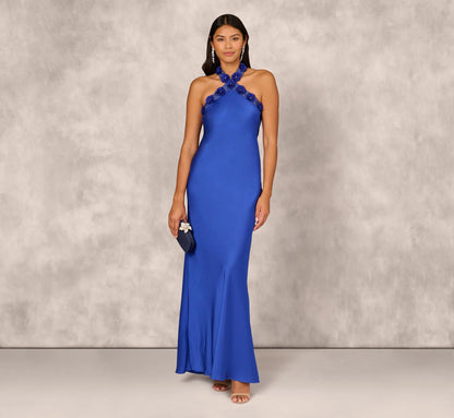 Satin Floral Beaded Halter Mermaid Gown In Deep Sapphire