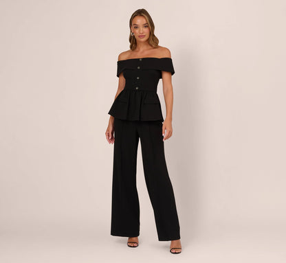 Off Shoulder Crepe Peplum Jumpsuit In Black