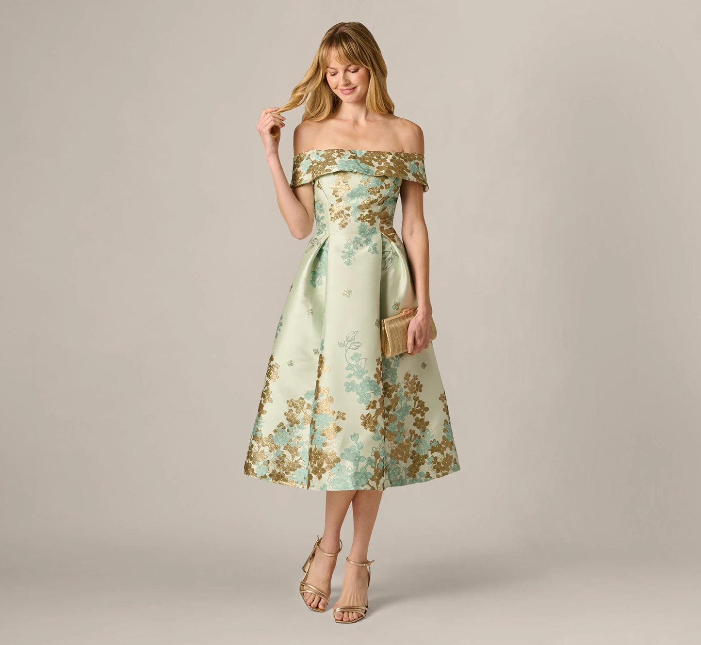 Floral Jacquard Ankle Length Dress With Off The Shoulder Neckline In Sage Gold