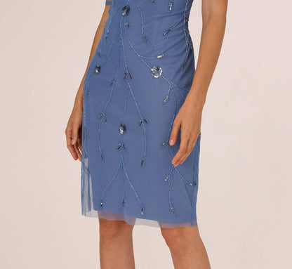 Short Sleeve Illusion Floral Beaded Sheath Dress In French Blue
