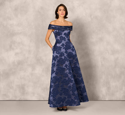 Off Shoulder Textured Floral Jacquard Gown In Navy