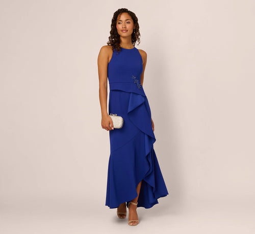 Bead Accent Crepe Halter Gown In Royal Sapphire