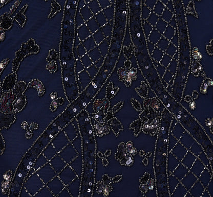 Sequin Beaded Gown With Sheer Cape Sleeves In Light Navy