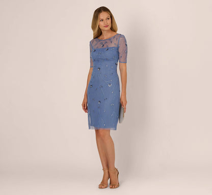 Short Sleeve Illusion Floral Beaded Sheath Dress In French Blue