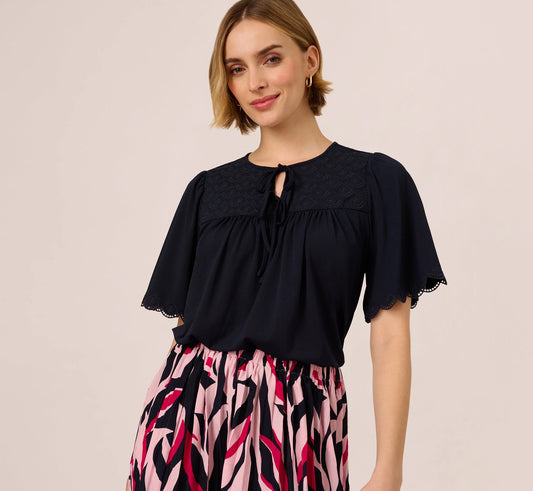 Short Sleeve Neck Tie Embroidered Yoke Top In Blue Moon