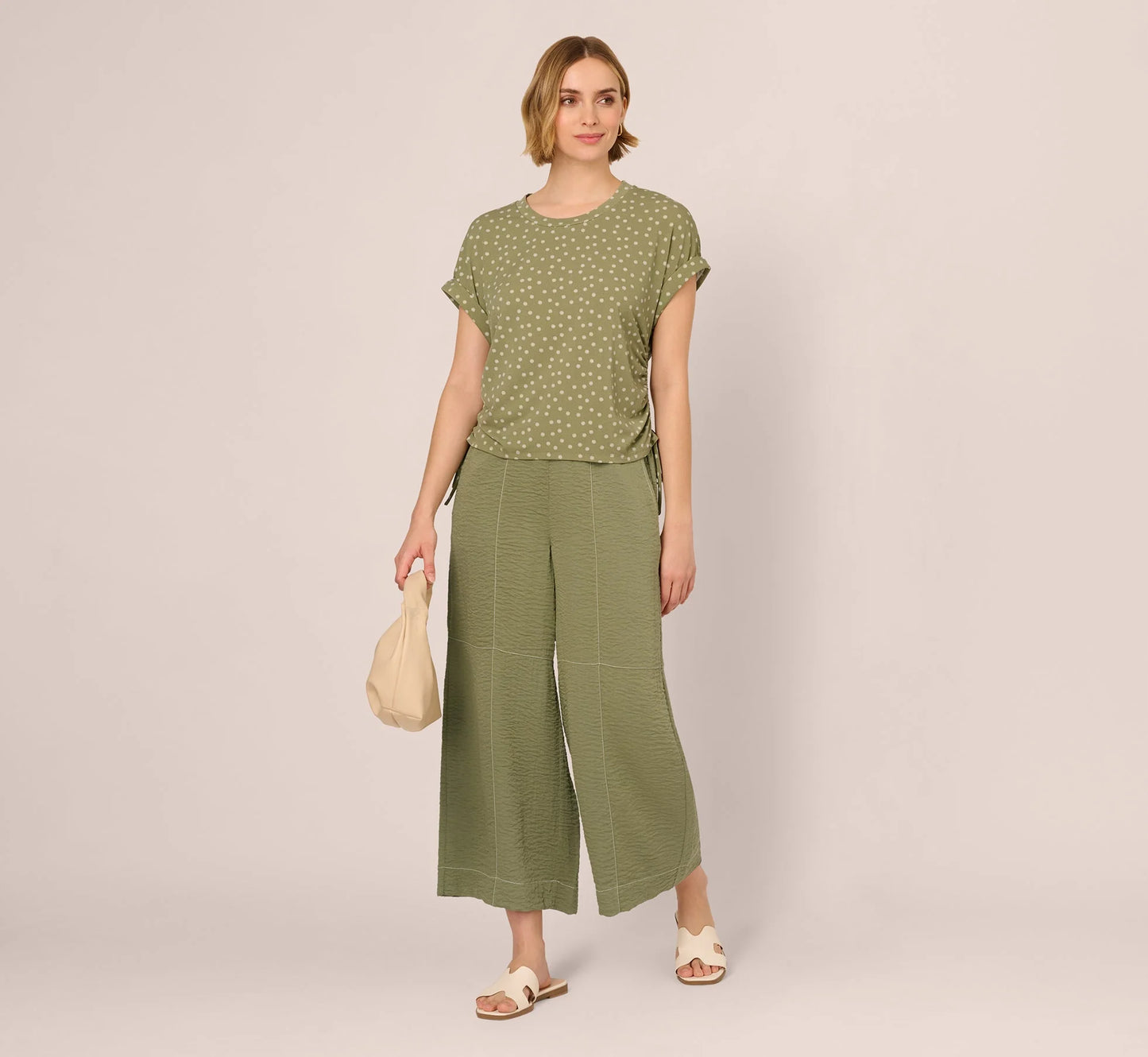 Contrast Stitching Crinkle Midi Pant In Oil Green Ivory