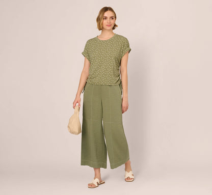 Contrast Stitching Crinkle Midi Pant In Oil Green Ivory