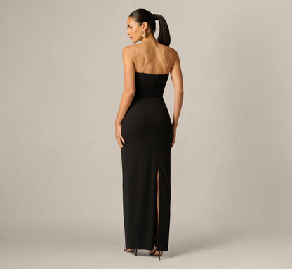 Strapless Beaded Placement Floral Gown In Black Multi