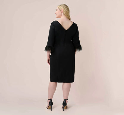 Plus Size Crepe Sheath Dress With V-Back And Feather-Trim Sleeves In Black