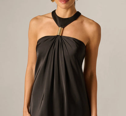 Stretch Satin Hardware Halter Collar Gown In Black