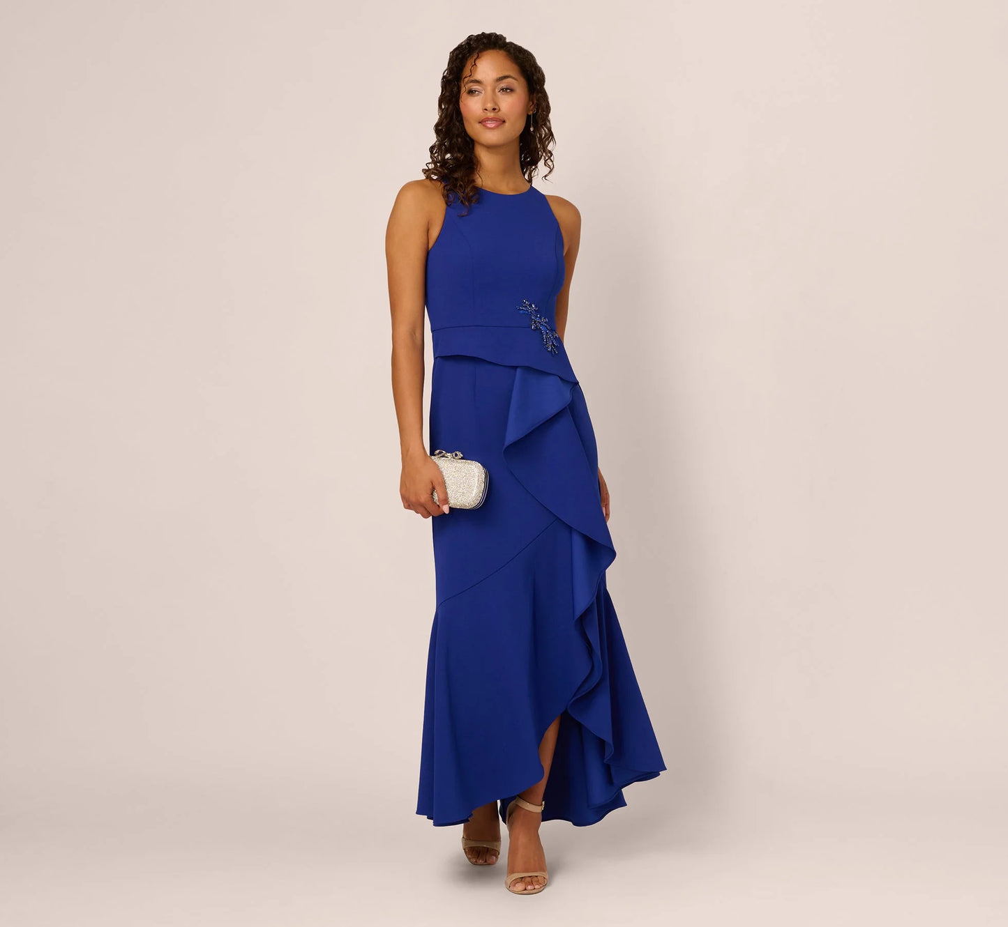 Bead Accent Crepe Halter Gown In Royal Sapphire