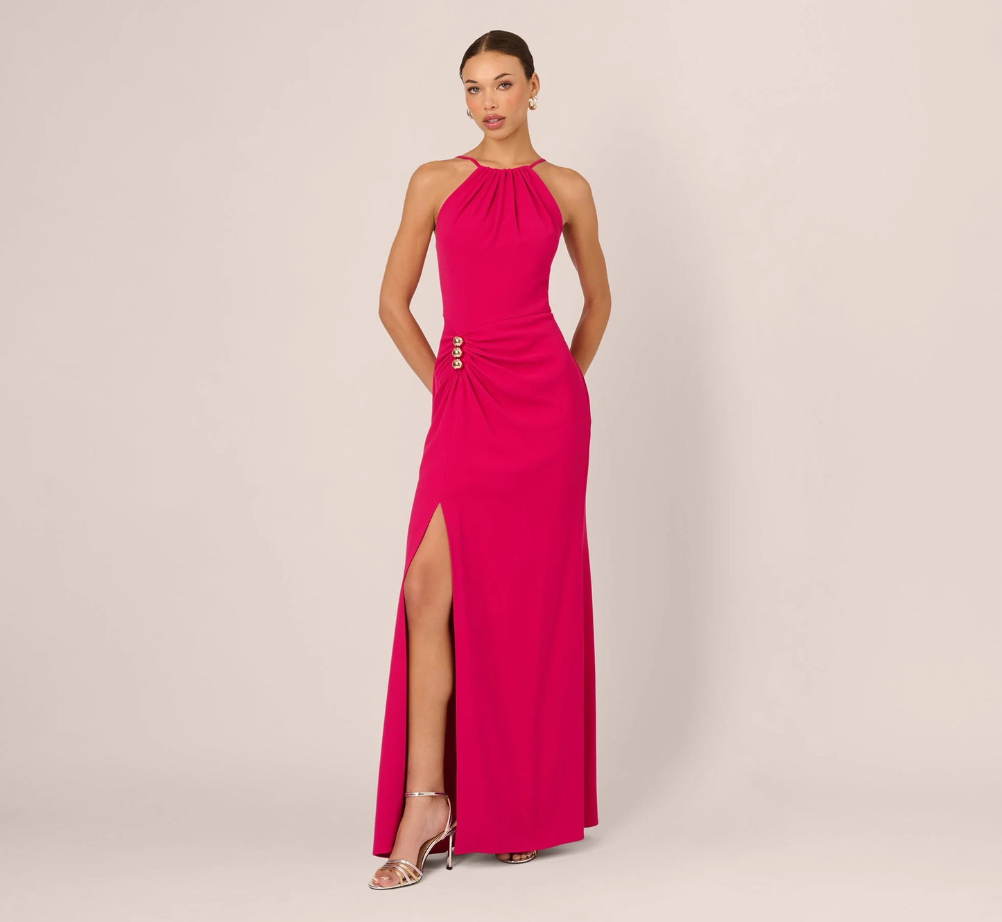 Gathered Stretch Crepe Halter Gown In Bright Rose