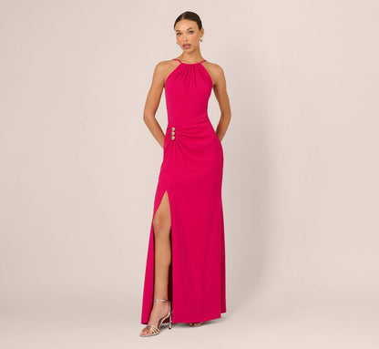 Gathered Stretch Crepe Halter Gown In Bright Rose