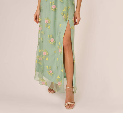 Floral Embroidered Maxi Dress With Sheer Flutter Sleeves In Sage Multi