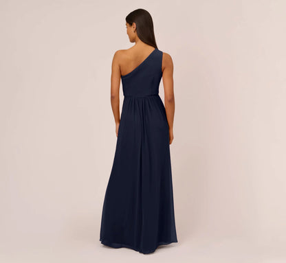 One Shoulder Chiffon Long Gown In Midnight