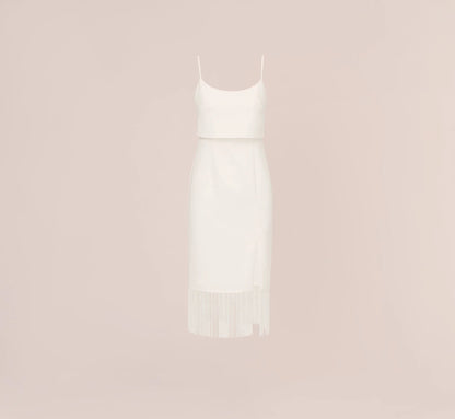 Crepe Popover Midi Dress With Fringe Trim In Ivory
