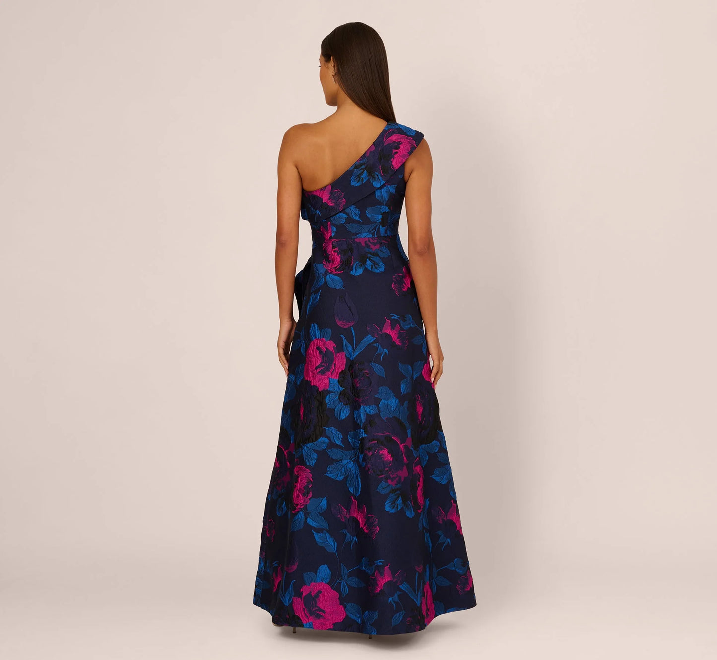 One Shoulder Floral Jacquard A Line Gown In Navy Orchid