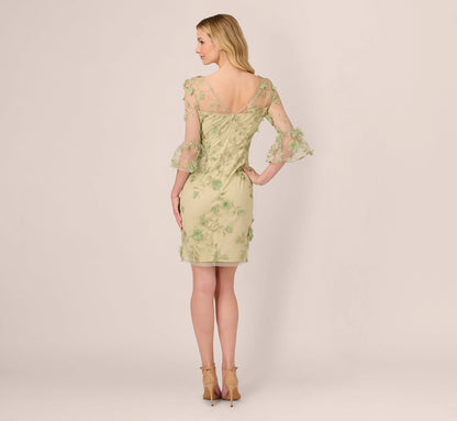 Bell Sleeve Floral Embroidered Illusion Sheath Dress In Sage Multi