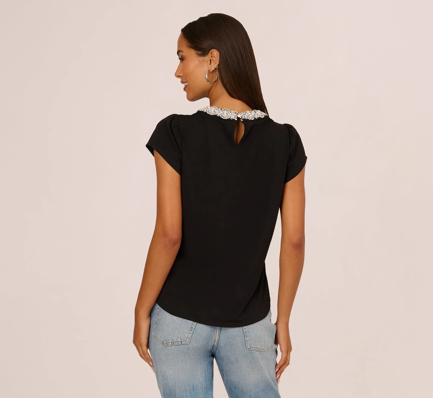 Cap Sleeve Pearly Collar Top In Black