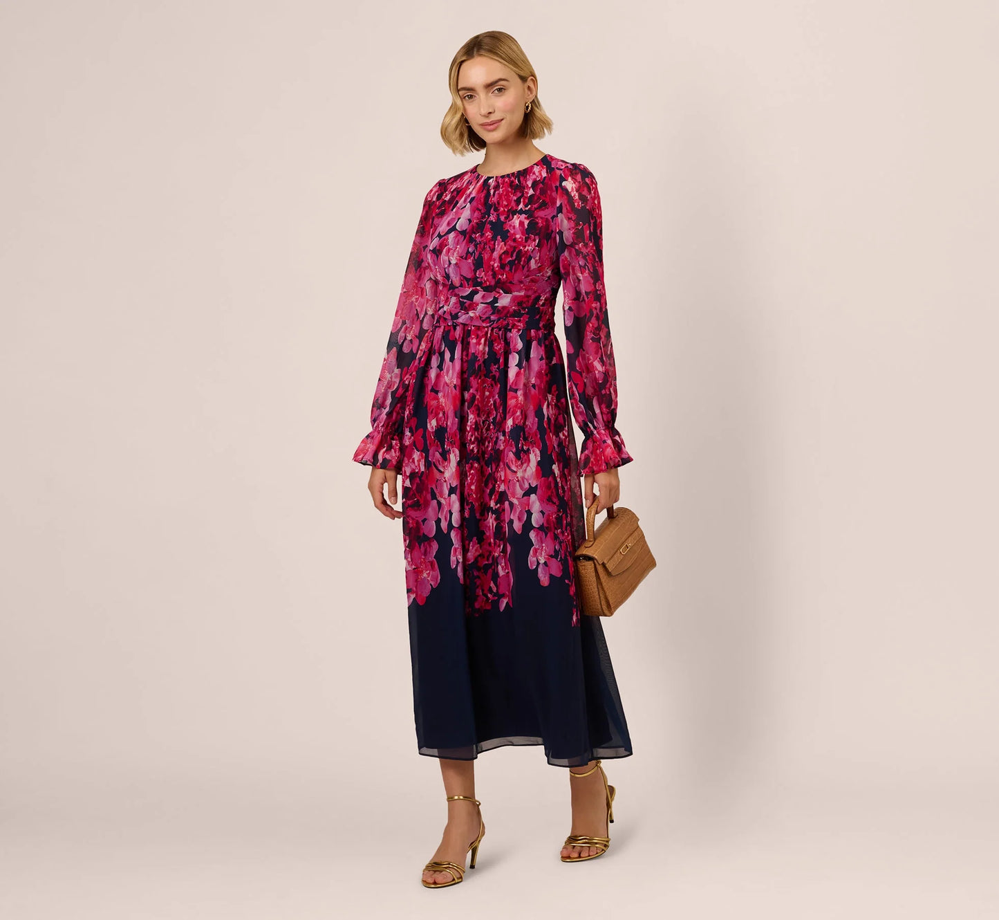 Floral Wrap Waist Ankle Dress In Navy Pink Multi
