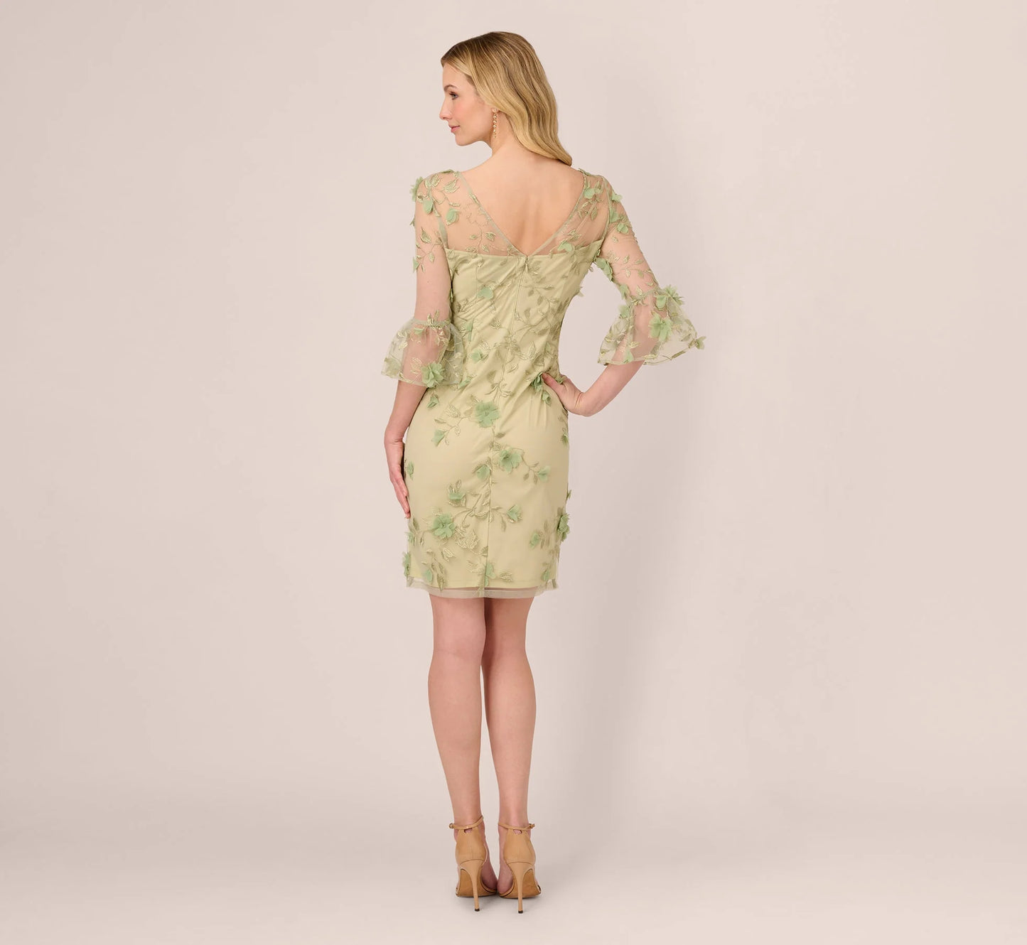 Bell Sleeve Floral Embroidered Illusion Sheath Dress In Sage Multi