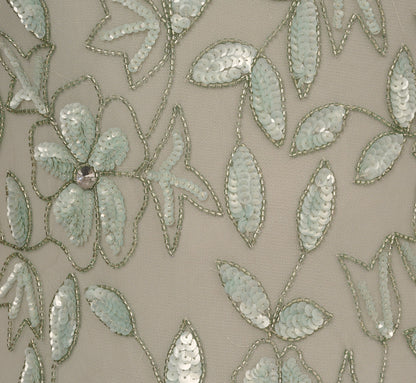 Plus Size Hand Beaded Short Sleeve Floral Godet Gown In Frosted Sage