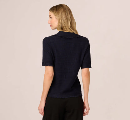 Short Sleeve Waffle Weave Polo Shirt In Navy