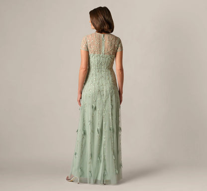 Short Sleeve 3D Beaded Vine Gown In Icy Sage