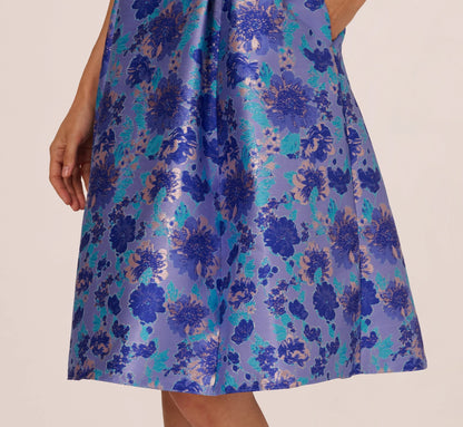 Sleeveless Floral Jacquard Fit And Flare Dress In Blue Multi