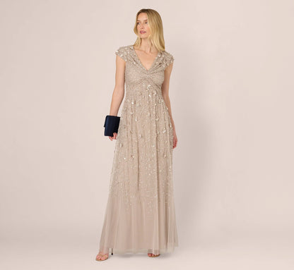 Cap Sleeve Beaded Sequin Floral Gown In Marble