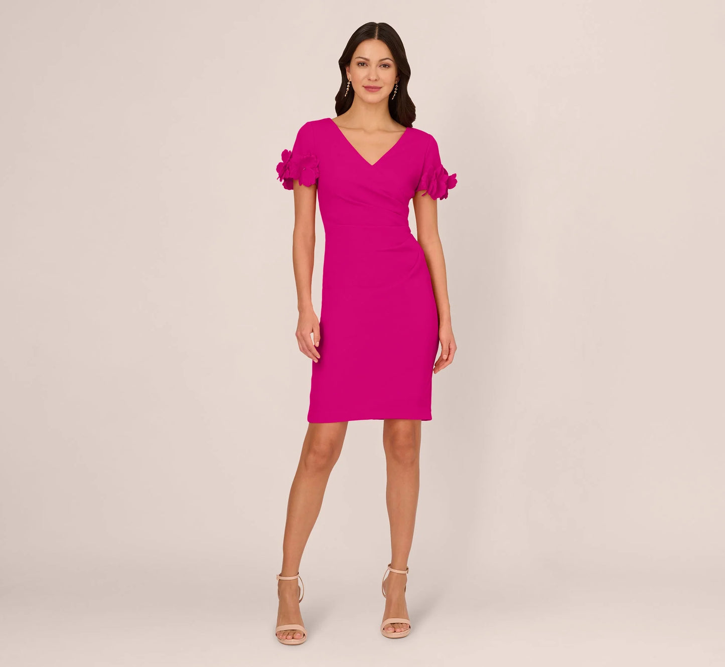 Crepe Faux Wrap Sheath Dress With Floral Accent Short Sleeves In Pink Flambe