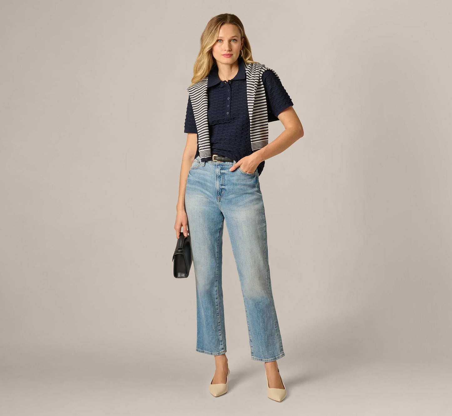 Short Sleeve Open Pointelle Polo Top In Blue Moon