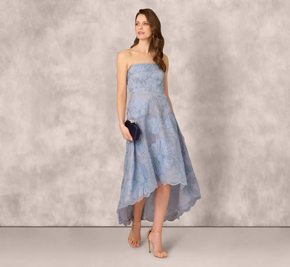 Strapless Floral Embroidered High Low Midi Dress In Blue Cloud