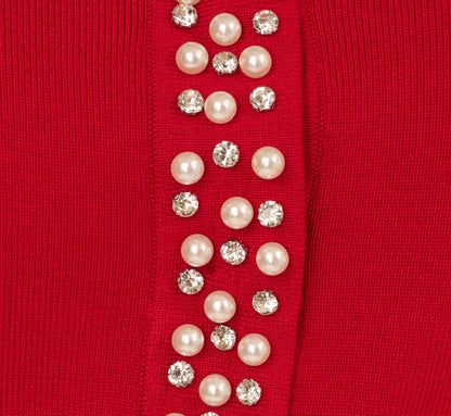 Rhinestone Pearly Cardigan Sweater In Haute Red