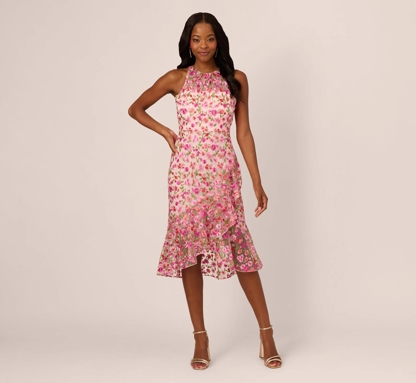 Floral Embroidered Flounce Halter Dress In Pink Multi