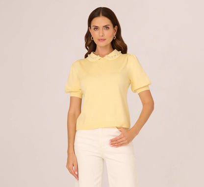 Puff Sleeve Beaded Peter Pan Collar Top In Pastel Yellow
