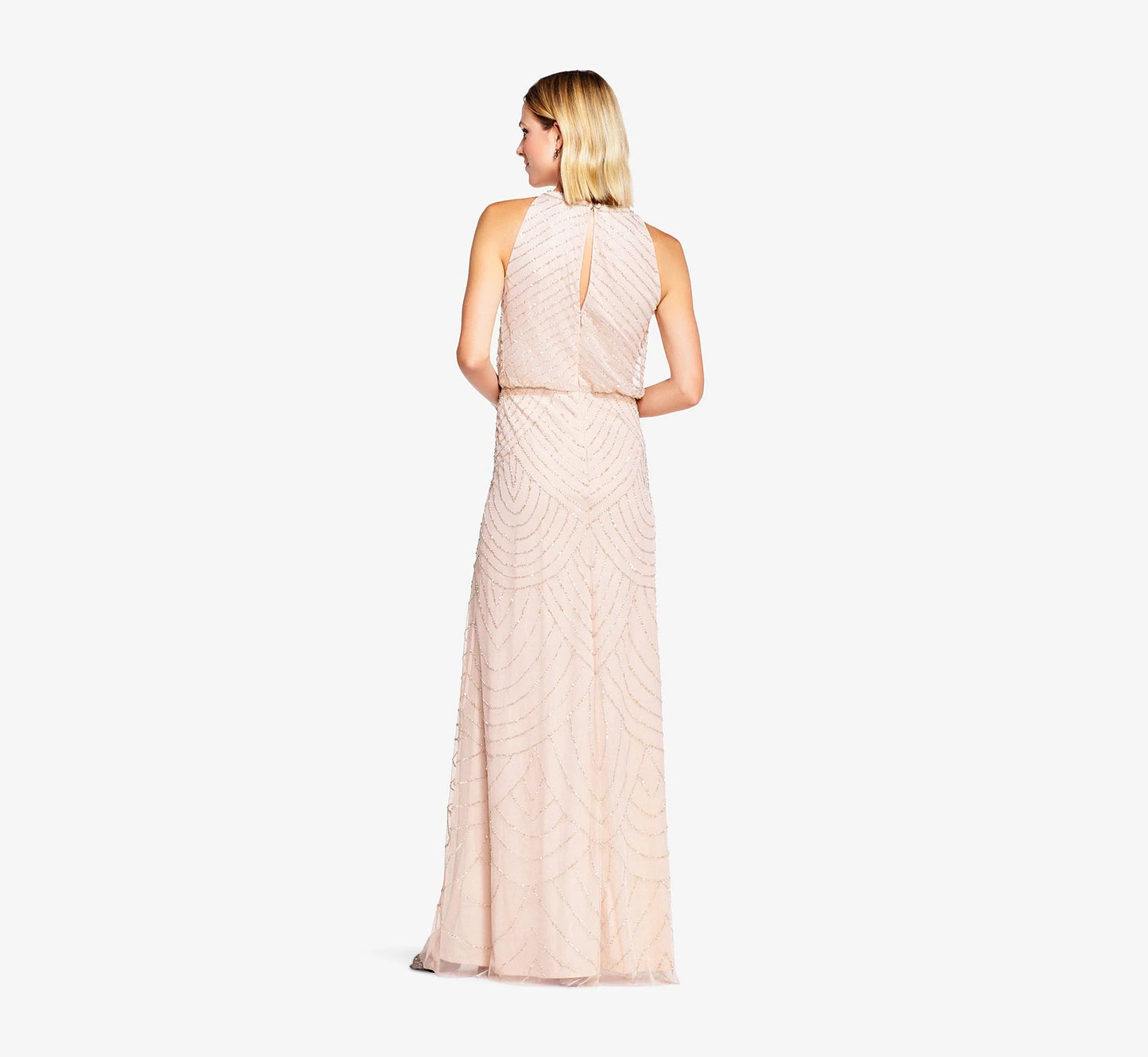 Art Deco Beaded Blouson Dress With Halter Neckline In Blush