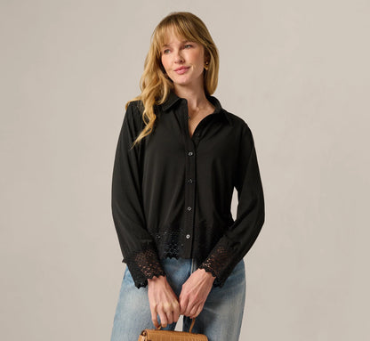 Long Sleeve Crochet Lace Collared Blouse In Black