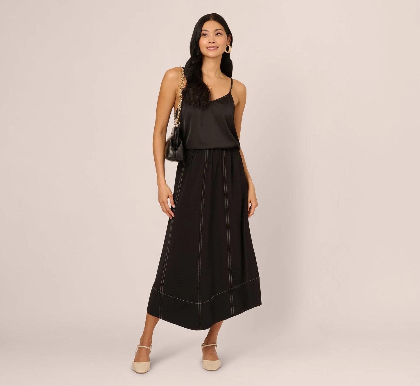 Contrast Stitching A Line Midi Skirt In Black Ivory