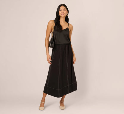 Contrast Stitching A Line Midi Skirt In Black Ivory