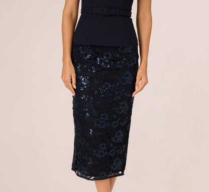 Sleeveless Sequin Lace Combo Midi Dress In Midnight